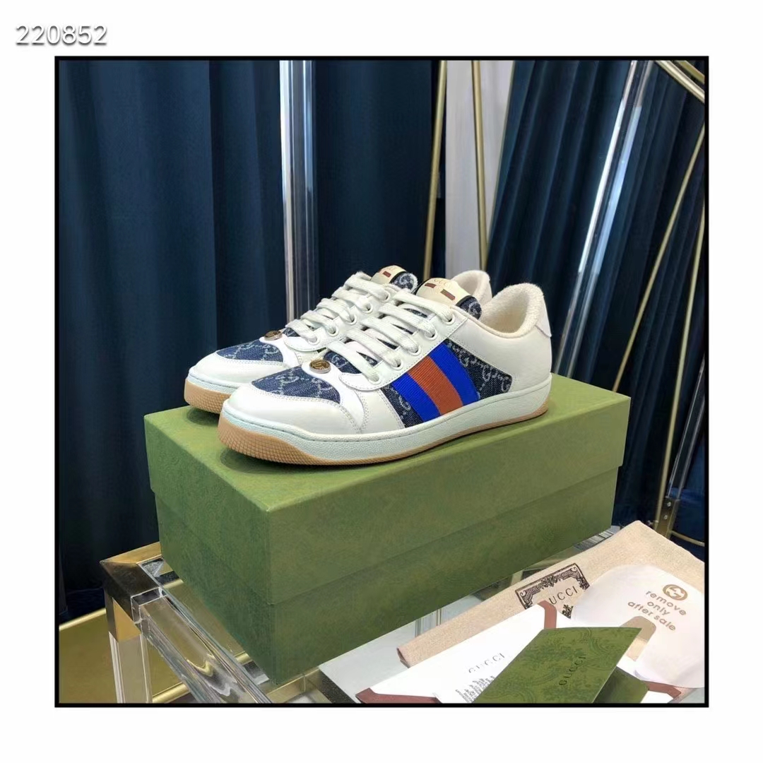 Gucci Unisex GG Screener Sneaker Blue Ivory Washed Organic Denim Bi-Color Rubber Low Heel Style ‎576223 2KQ40 4467