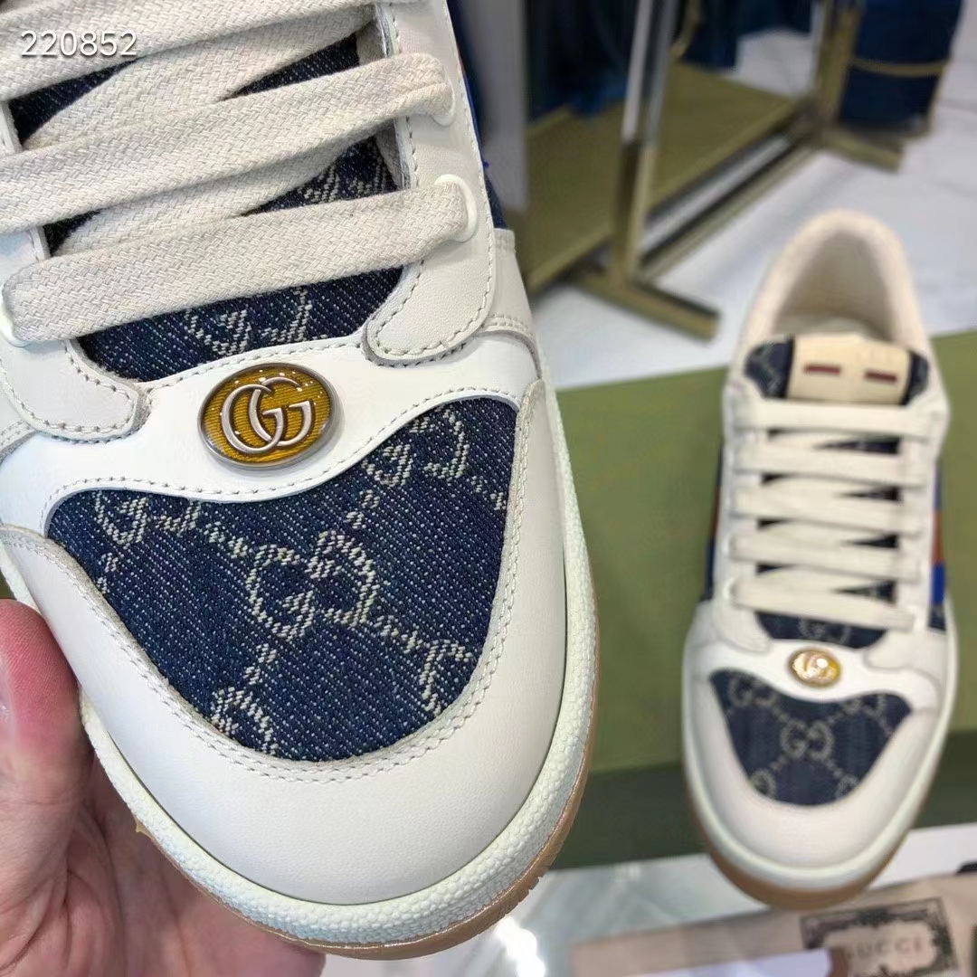 Gucci Unisex GG Screener Sneaker Blue Ivory Washed Organic Denim Bi-Color Rubber Low Heel Style ‎576223 2KQ40 4467