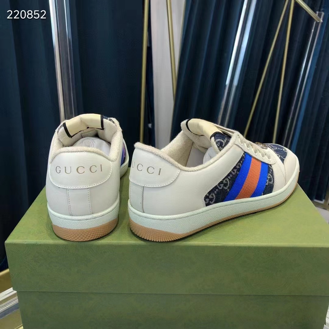 Gucci Unisex GG Screener Sneaker Blue Ivory Washed Organic Denim Bi-Color Rubber Low Heel Style ‎576223 2KQ40 4467