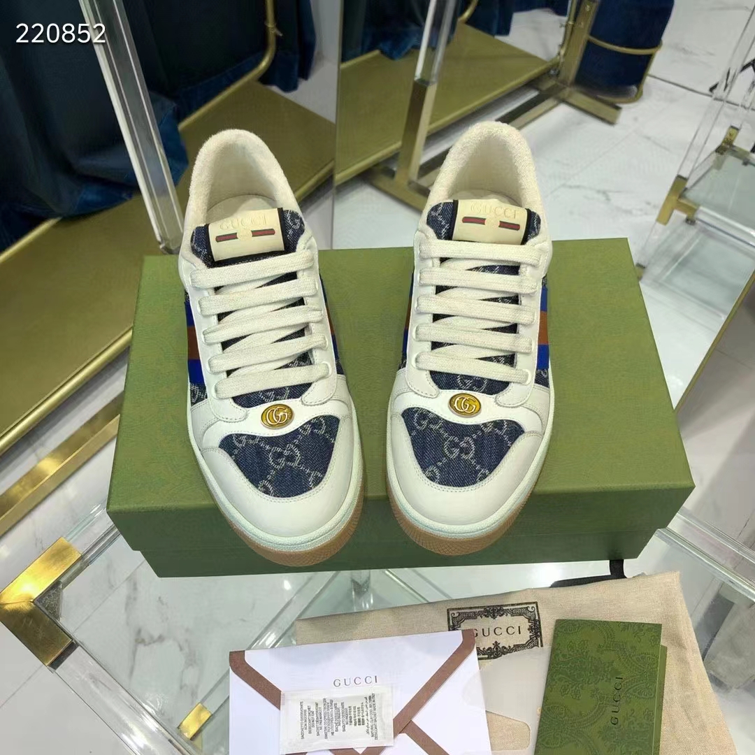 Gucci Unisex GG Screener Sneaker Blue Ivory Washed Organic Denim Bi-Color Rubber Low Heel Style ‎576223 2KQ40 4467
