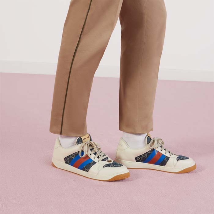 Gucci Unisex GG Screener Sneaker Blue Ivory Washed Organic Denim Bi-Color Rubber Low Heel Style ‎576223 2KQ40 4467