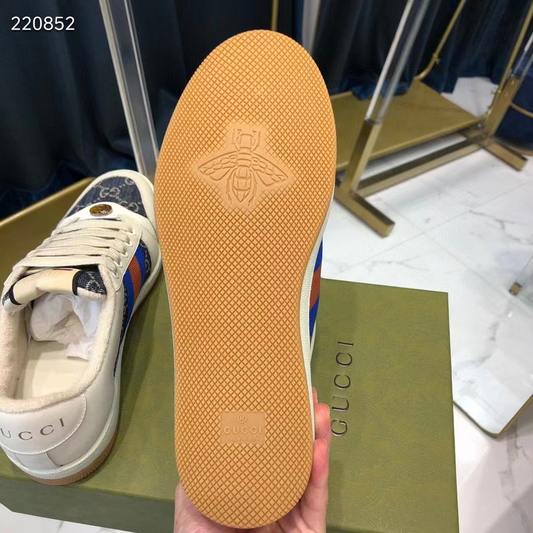 Gucci Unisex GG Screener Sneaker Blue Ivory Washed Organic Denim Bi-Color Rubber Low Heel Style ‎576223 2KQ40 4467
