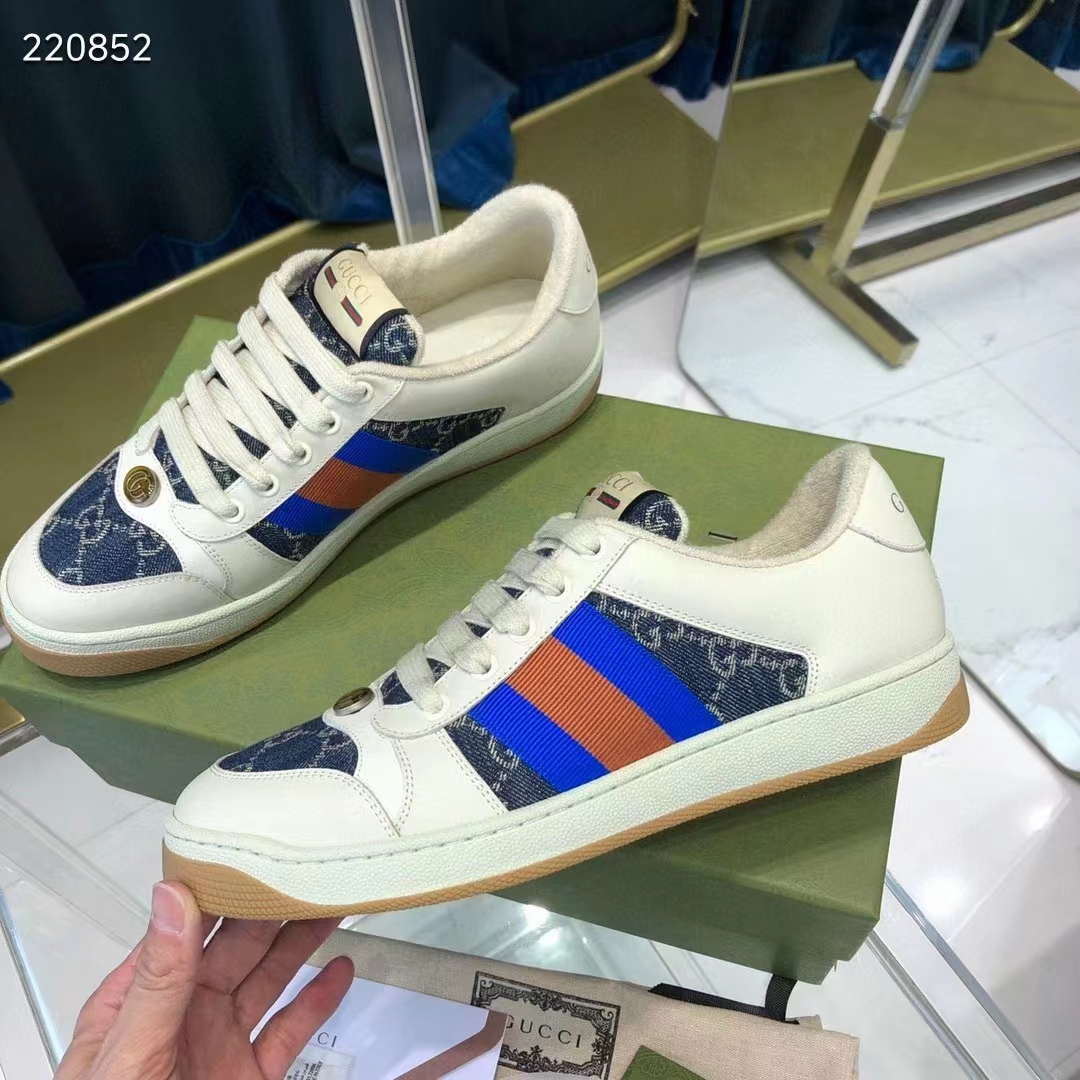 Gucci Unisex GG Screener Sneaker Blue Ivory Washed Organic Denim Bi-Color Rubber Low Heel Style ‎576223 2KQ40 4467
