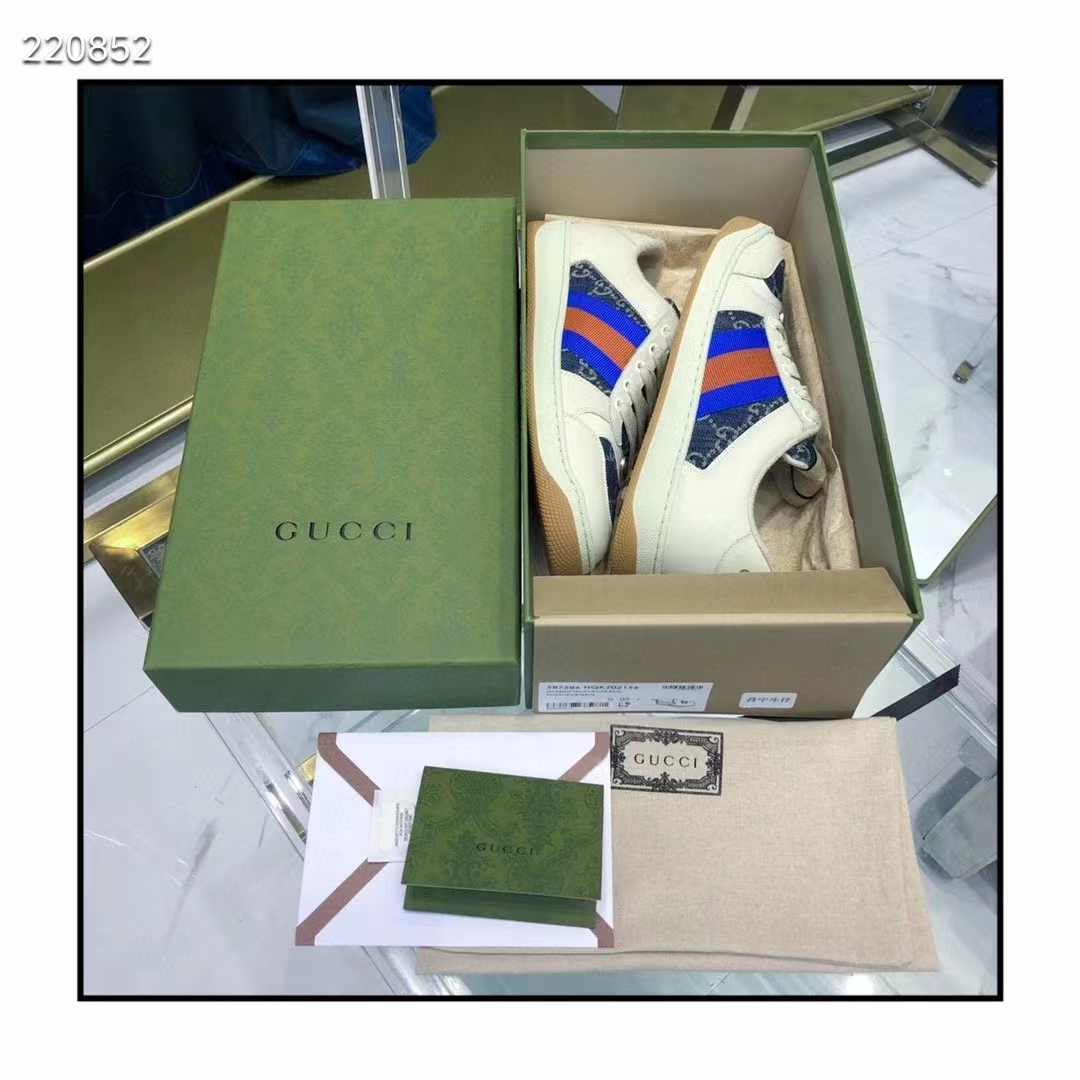 Gucci Unisex GG Screener Sneaker Blue Ivory Washed Organic Denim Bi-Color Rubber Low Heel Style ‎576223 2KQ40 4467