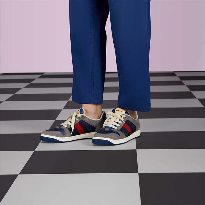 Gucci Unisex GG Screener Sneaker Grey Suede Maxi GG Canvas Bi-Color Rubber Low Heel Style ‎576223 FAA3T 4551