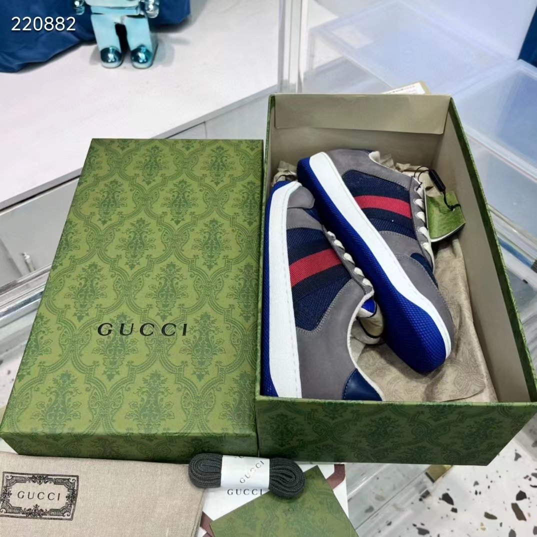 Gucci Unisex GG Screener Sneaker Grey Suede Maxi GG Canvas Bi-Color Rubber Low Heel Style ‎576223 FAA3T 4551