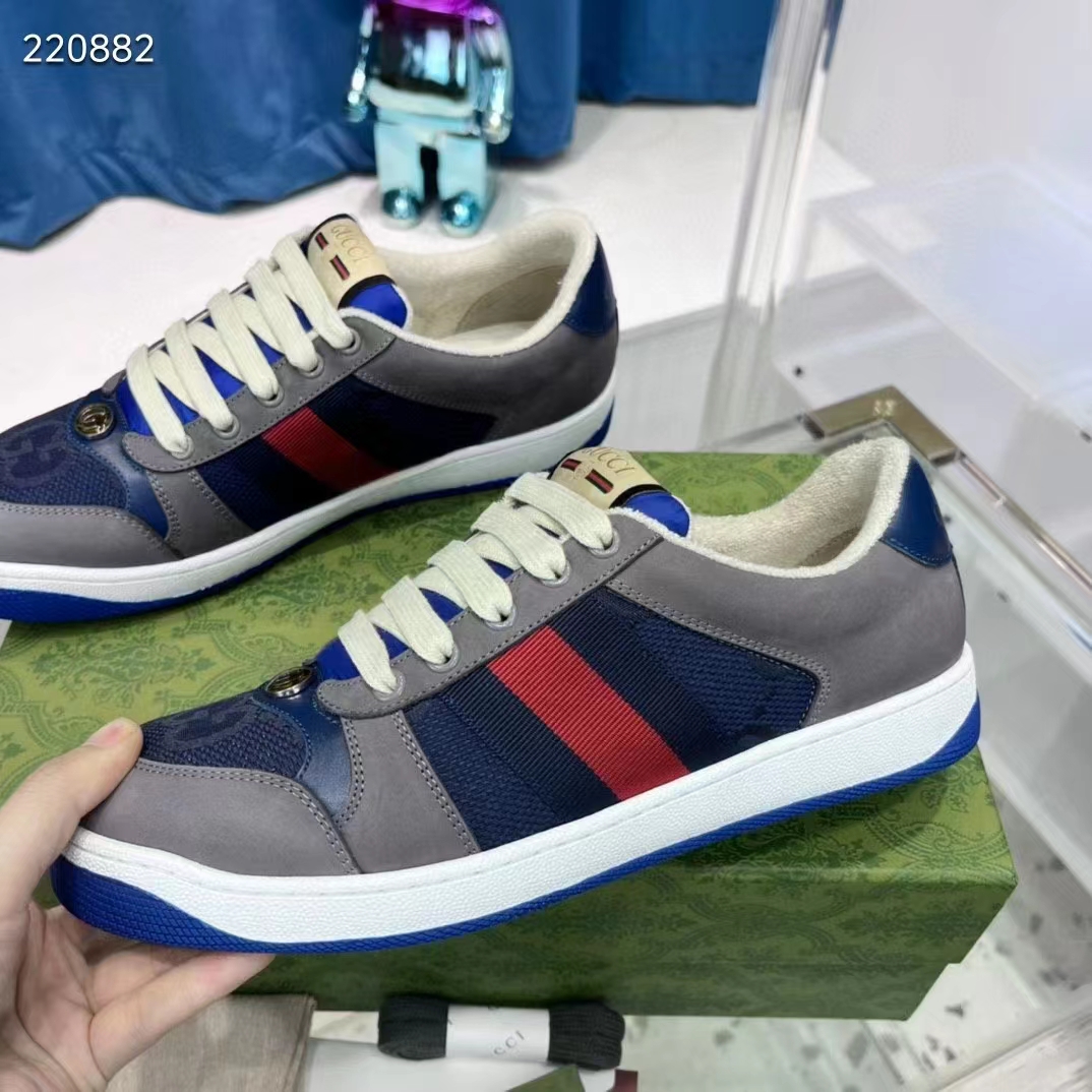 Gucci Unisex GG Screener Sneaker Grey Suede Maxi GG Canvas Bi-Color Rubber Low Heel Style ‎576223 FAA3T 4551