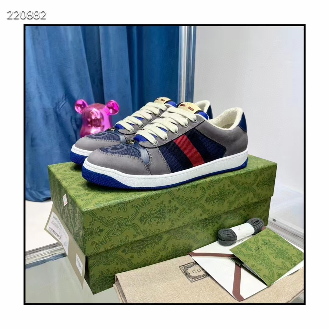 Gucci Unisex GG Screener Sneaker Grey Suede Maxi GG Canvas Bi-Color Rubber Low Heel Style ‎576223 FAA3T 4551