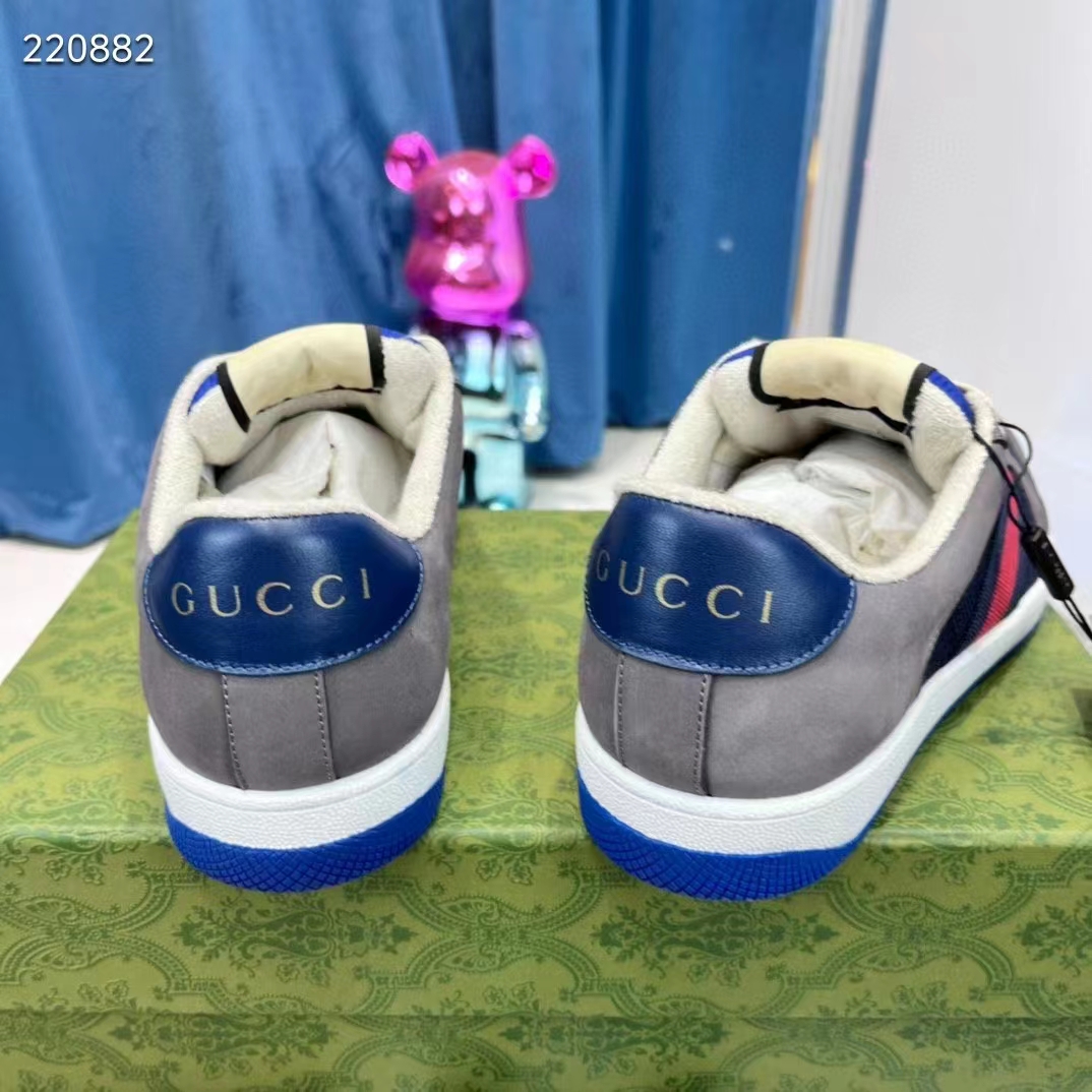 Gucci Unisex GG Screener Sneaker Grey Suede Maxi GG Canvas Bi-Color Rubber Low Heel Style ‎576223 FAA3T 4551