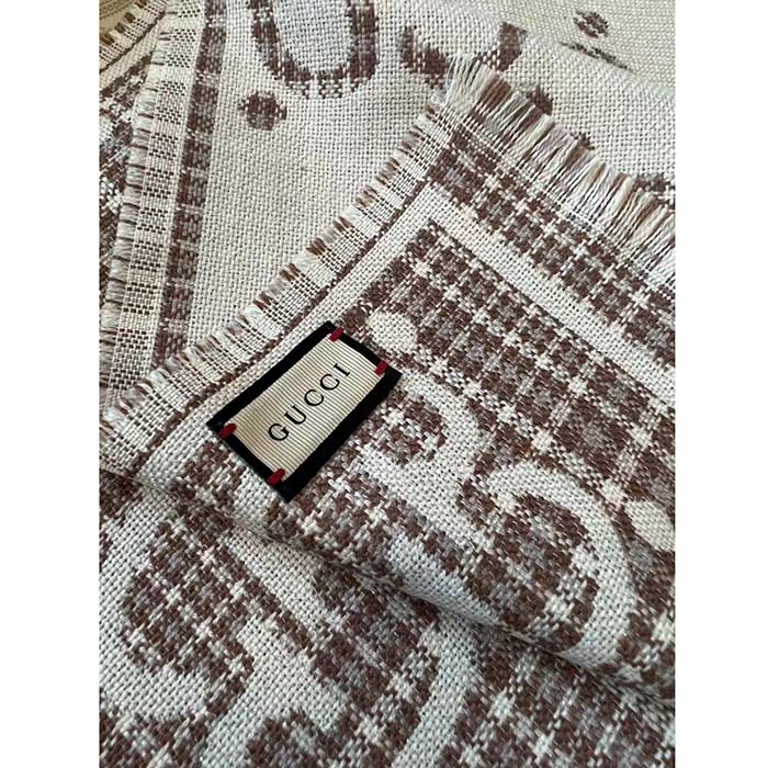 Gucci Unisex GG Wool Jacquard Scarf Ivory Beige Houndstooth Fringe Trim