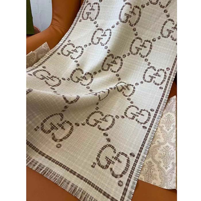 Gucci Unisex GG Wool Jacquard Scarf Ivory Beige Houndstooth Fringe Trim