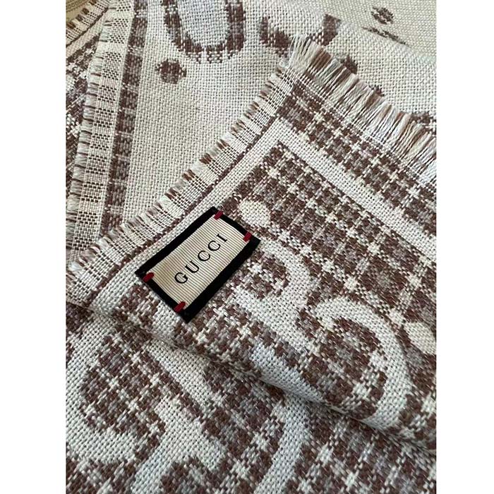 Gucci Unisex GG Wool Jacquard Scarf Ivory Beige Houndstooth Fringe Trim