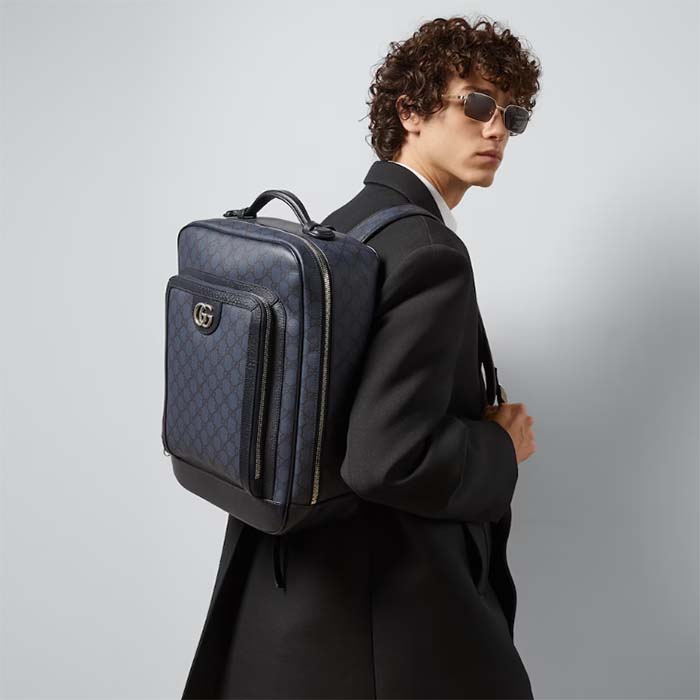Gucci Unisex Ophidia GG Medium Backpack Navy Blue Black GG Supreme Canvas Double G
