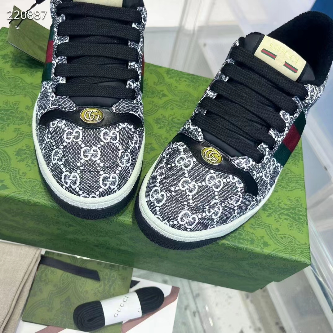 Gucci Unisex Screener Sneaker Black Grey GG Supreme Canvas Rubber Sole Low Heel Style ‎763525 FACMI 8444