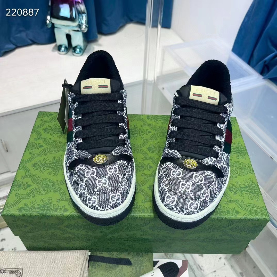 Gucci Unisex Screener Sneaker Black Grey GG Supreme Canvas Rubber Sole Low Heel Style ‎763525 FACMI 8444