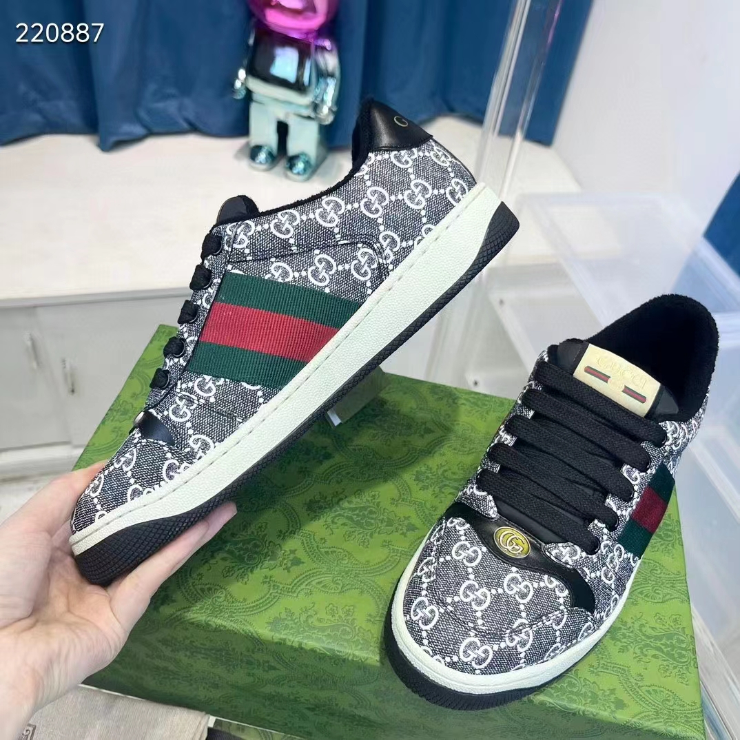 Gucci Unisex Screener Sneaker Black Grey GG Supreme Canvas Rubber Sole Low Heel Style ‎763525 FACMI 8444