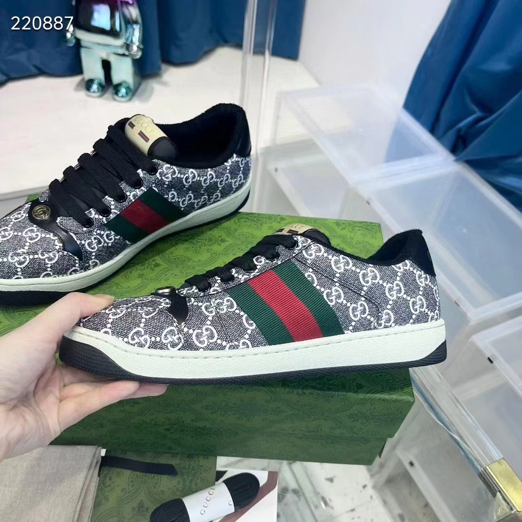 Gucci Unisex Screener Sneaker Black Grey GG Supreme Canvas Rubber Sole Low Heel Style ‎763525 FACMI 8444