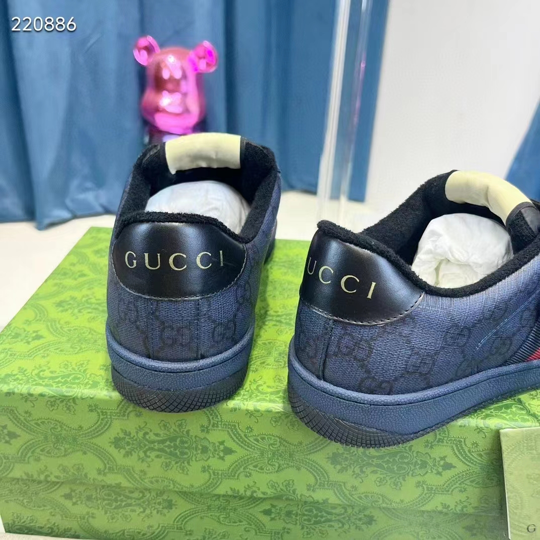 Gucci Unisex Screener Sneaker Dark Blue GG Supreme Canvas Rubber Sole Low Heel Style ‎763525 FACMI 8443