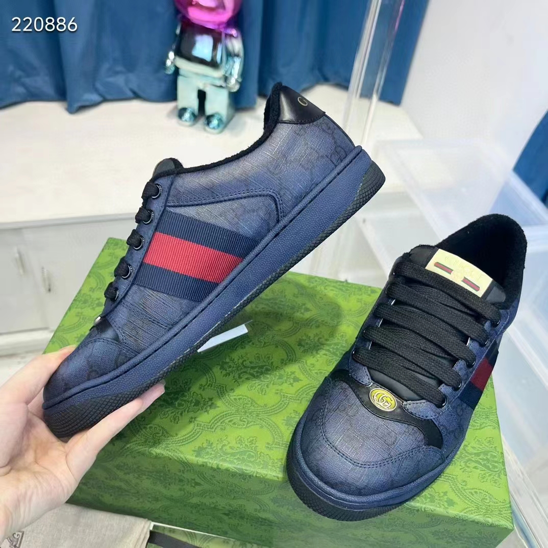 Gucci Unisex Screener Sneaker Dark Blue GG Supreme Canvas Rubber Sole Low Heel Style ‎763525 FACMI 8443