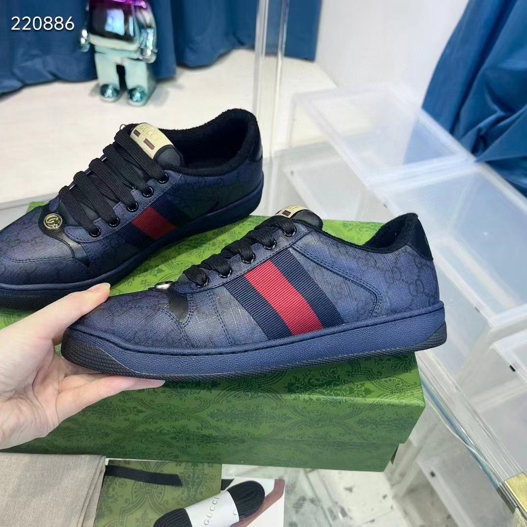 Gucci Unisex Screener Sneaker Dark Blue GG Supreme Canvas Rubber Sole Low Heel Style ‎763525 FACMI 8443