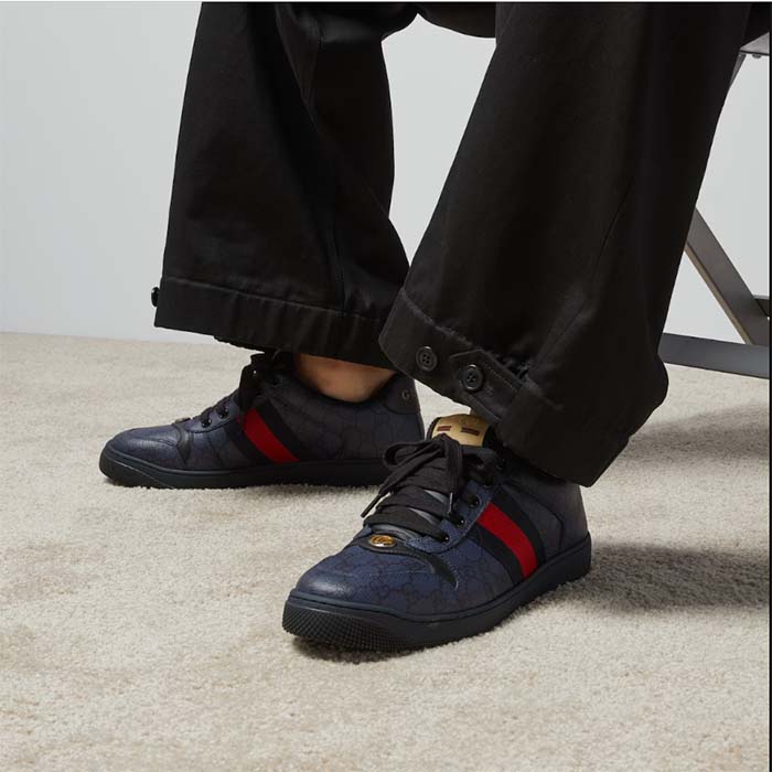 Gucci Unisex Screener Sneaker Dark Blue GG Supreme Canvas Rubber Sole Low Heel Style ‎763525 FACMI 8443