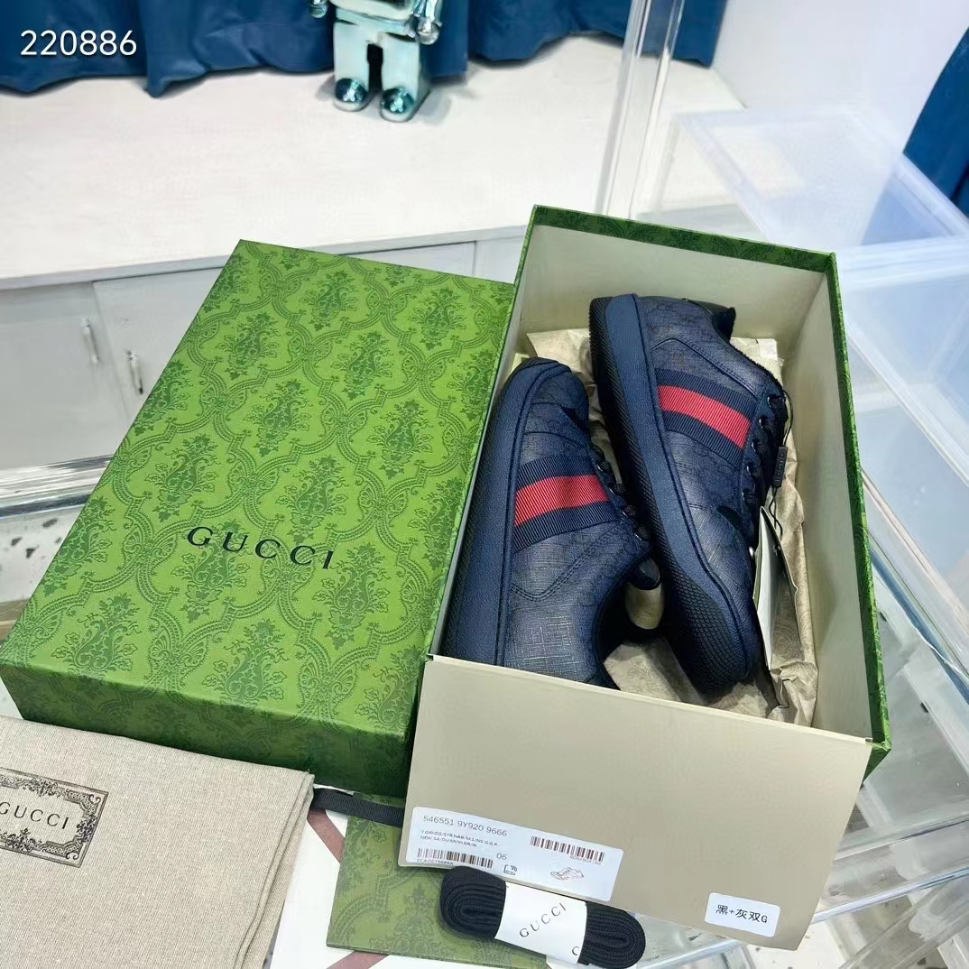 Gucci Unisex Screener Sneaker Dark Blue GG Supreme Canvas Rubber Sole Low Heel Style ‎763525 FACMI 8443