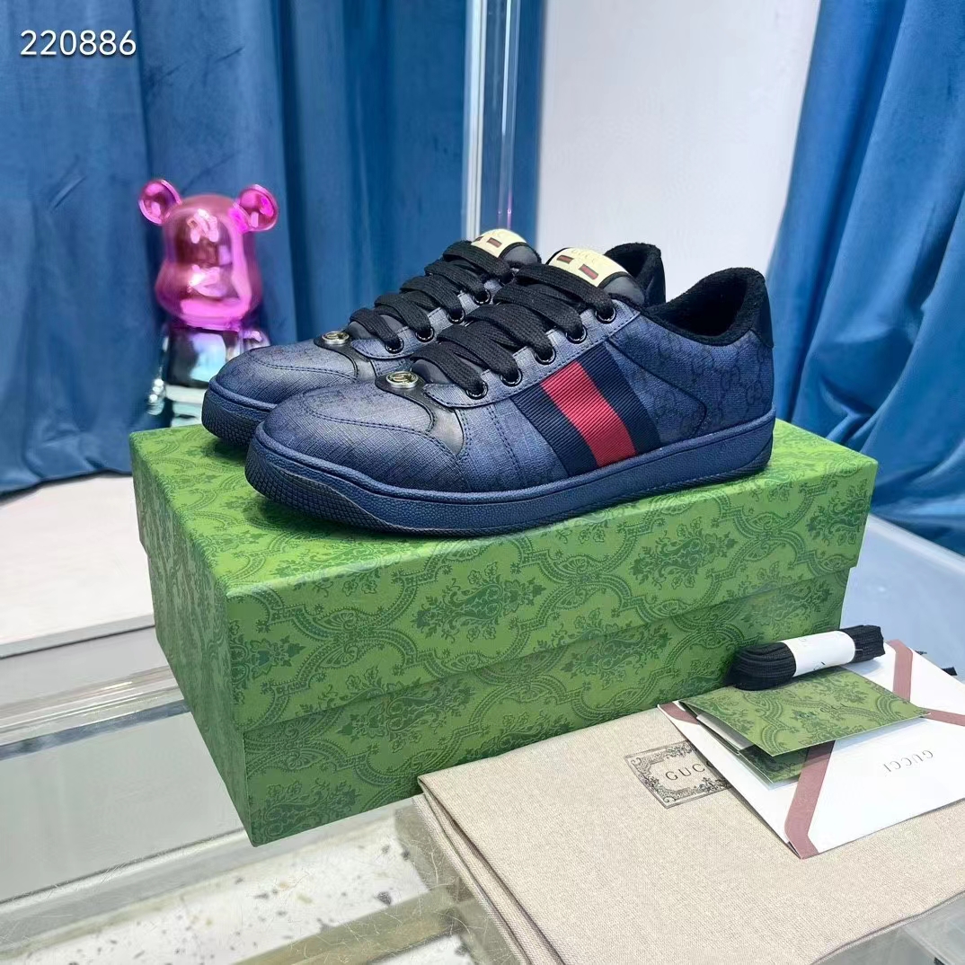 Gucci Unisex Screener Sneaker Dark Blue GG Supreme Canvas Rubber Sole Low Heel Style ‎763525 FACMI 8443