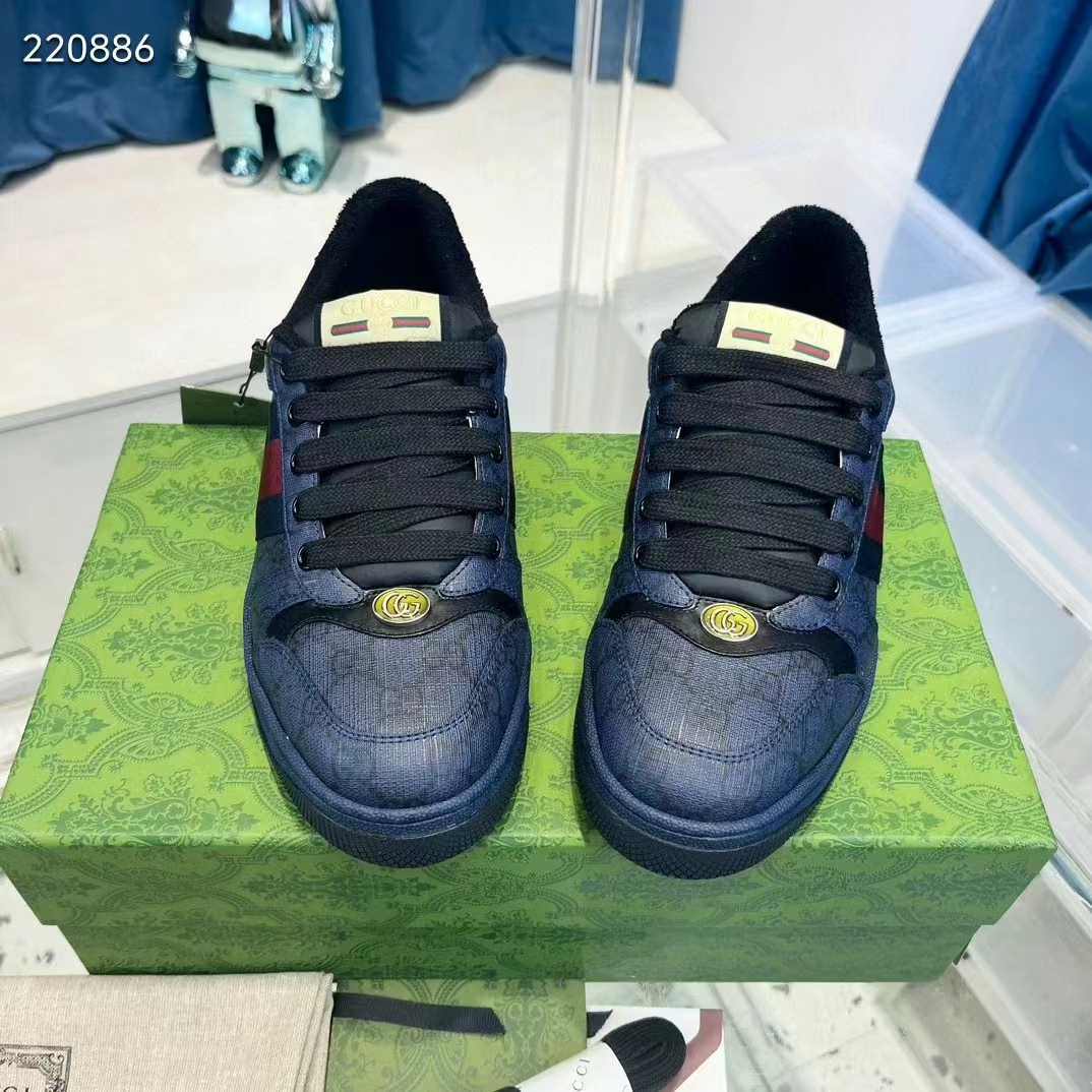 Gucci Unisex Screener Sneaker Dark Blue GG Supreme Canvas Rubber Sole Low Heel Style ‎763525 FACMI 8443