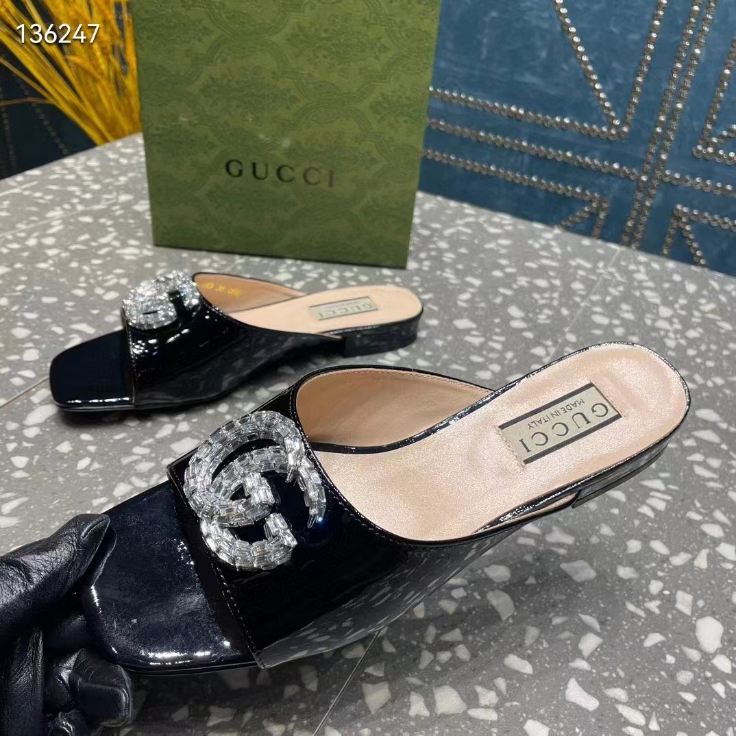 Gucci Women GG Double G Slide Sandal Black Patent Leather Crystals Leather Sole Flat