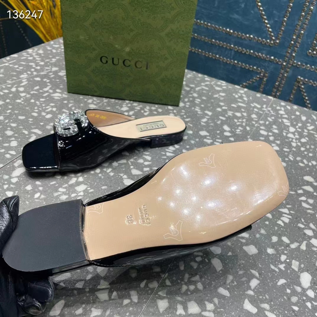Gucci Women GG Double G Slide Sandal Black Patent Leather Crystals Leather Sole Flat