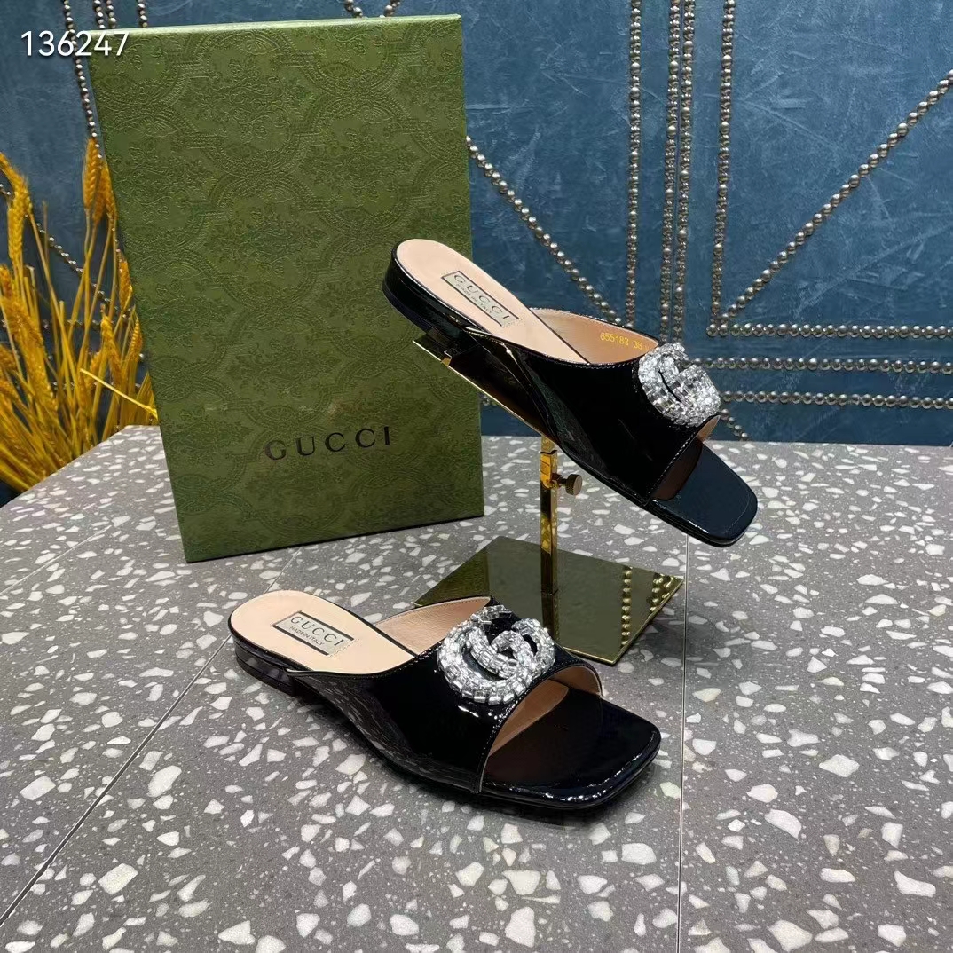 Gucci Women GG Double G Slide Sandal Black Patent Leather Crystals Leather Sole Flat