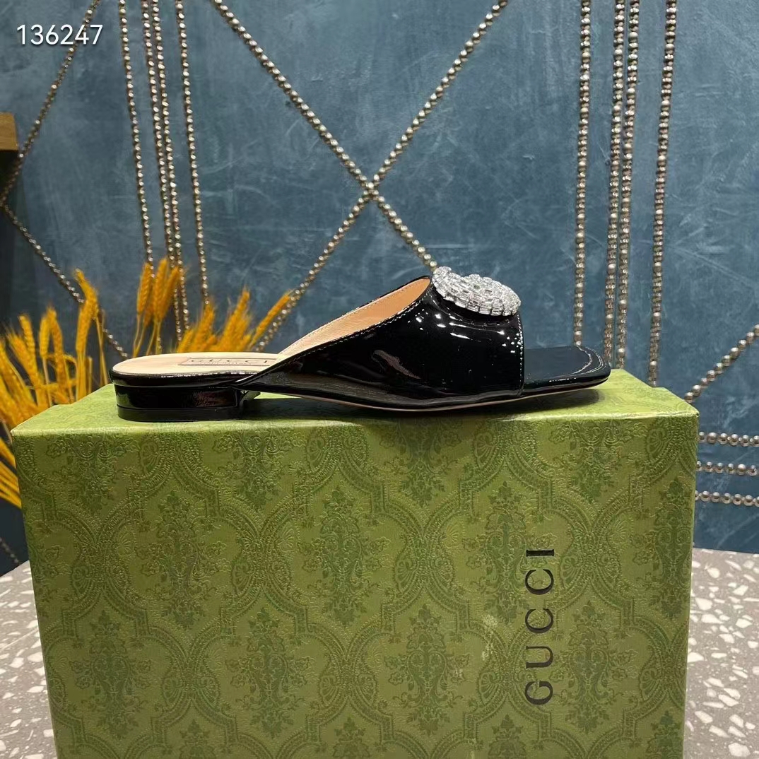 Gucci Women GG Double G Slide Sandal Black Patent Leather Crystals Leather Sole Flat