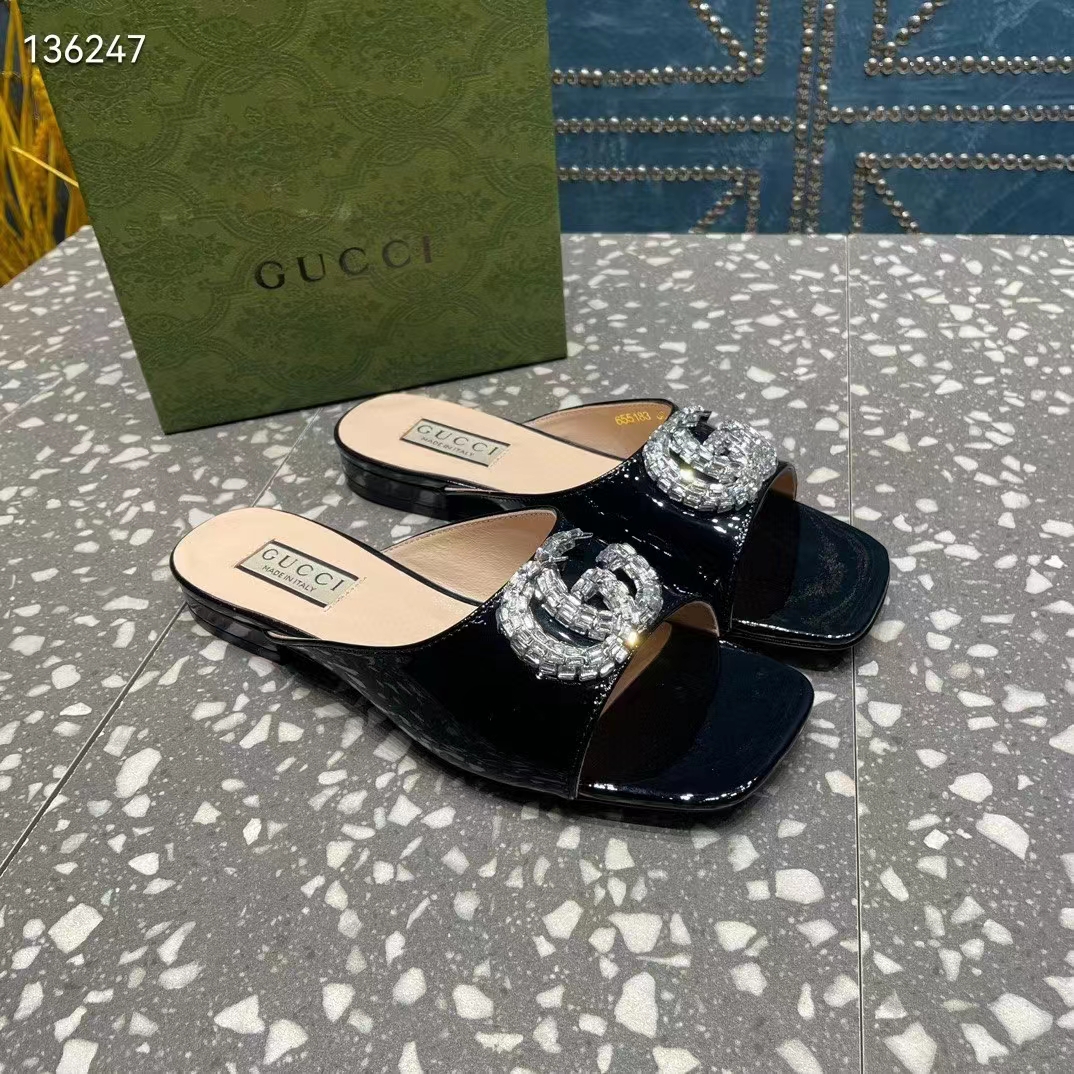 Gucci Women GG Double G Slide Sandal Black Patent Leather Crystals Leather Sole Flat