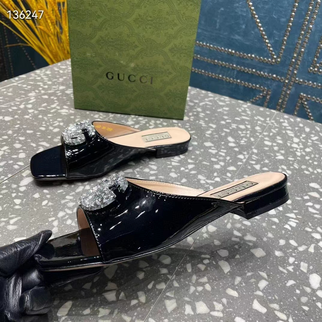 Gucci Women GG Double G Slide Sandal Black Patent Leather Crystals Leather Sole Flat