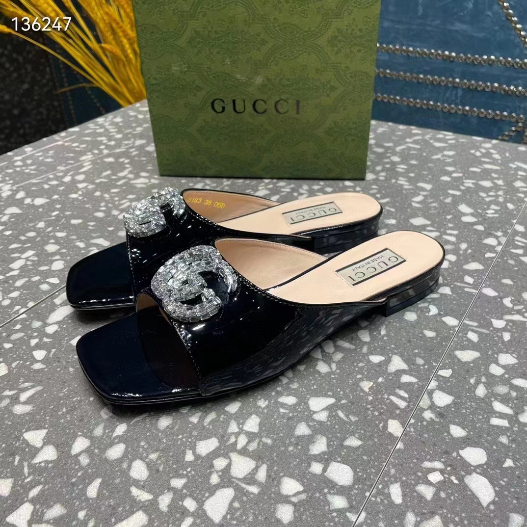 Gucci Women GG Double G Slide Sandal Black Patent Leather Crystals Leather Sole Flat