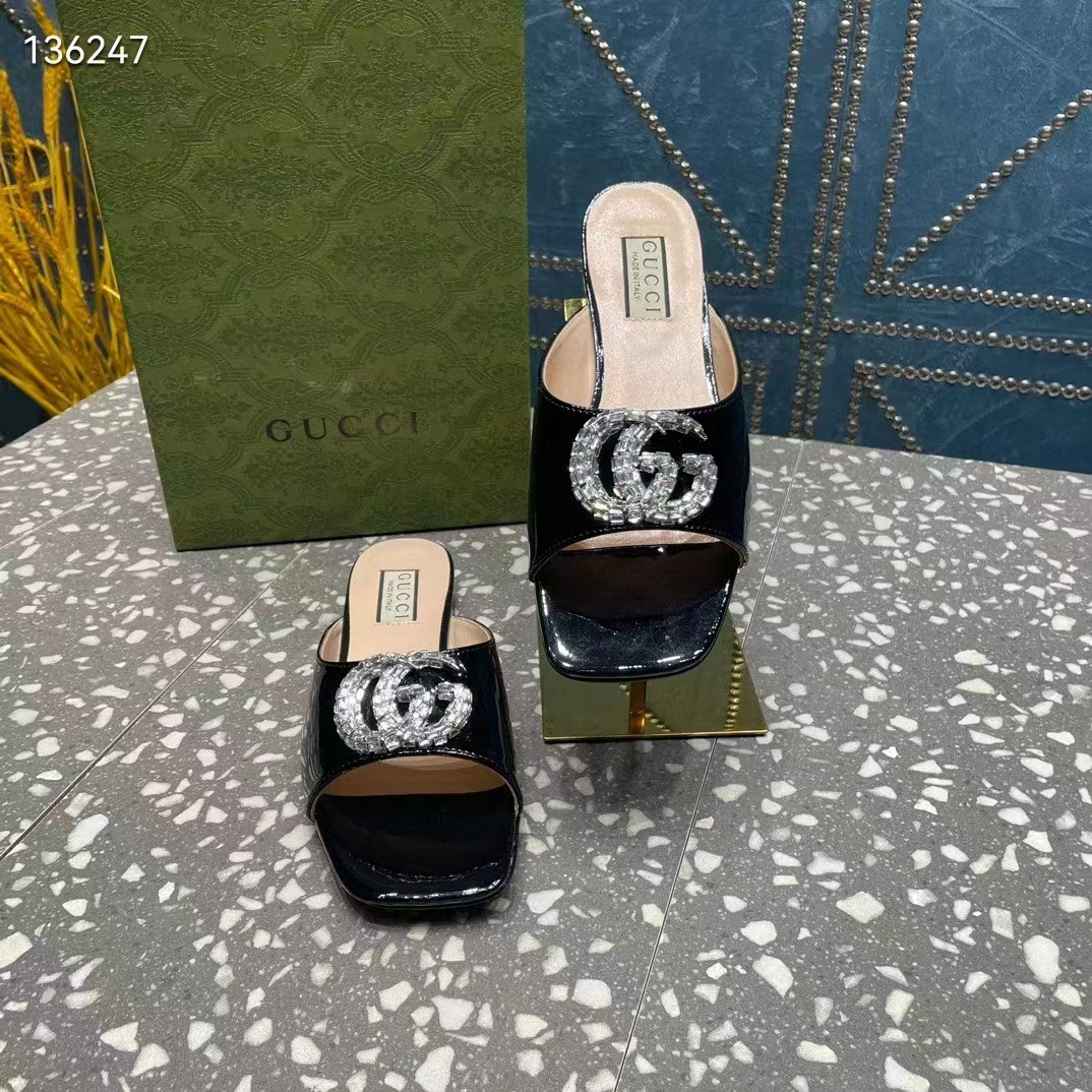 Gucci Women GG Double G Slide Sandal Black Patent Leather Crystals Leather Sole Flat