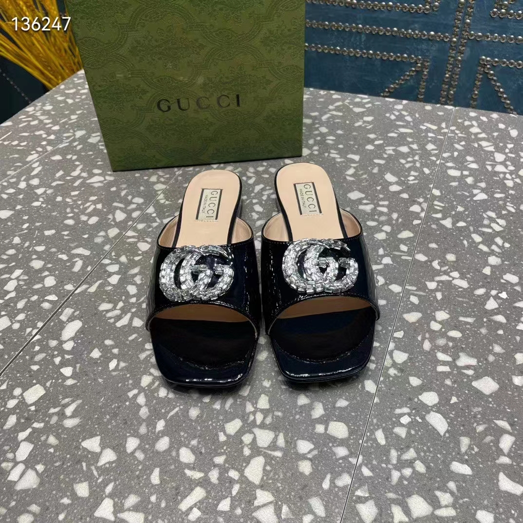 Gucci Women GG Double G Slide Sandal Black Patent Leather Crystals Leather Sole Flat
