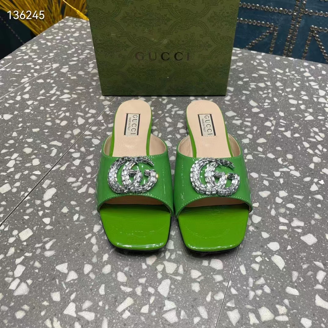 Gucci Women GG Double G Slide Sandal Green Patent Leather Crystals Leather Sole Flat Style ‎771586 BNC00 3727