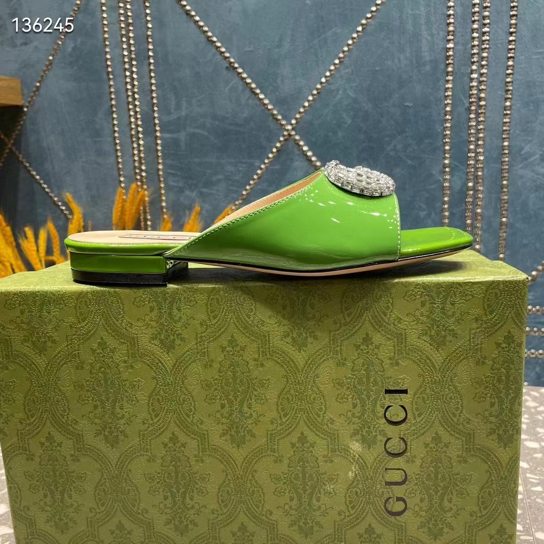 Gucci Women GG Double G Slide Sandal Green Patent Leather Crystals Leather Sole Flat Style ‎771586 BNC00 3727