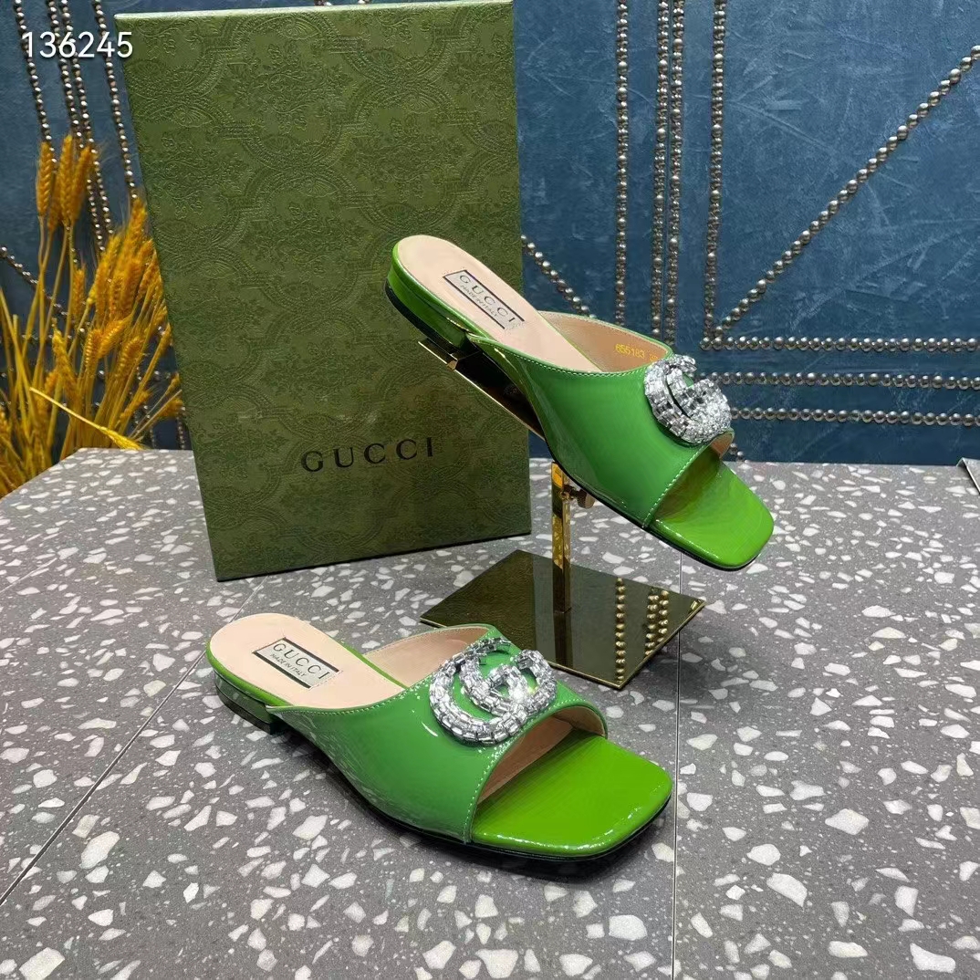 Gucci Women GG Double G Slide Sandal Green Patent Leather Crystals Leather Sole Flat Style ‎771586 BNC00 3727