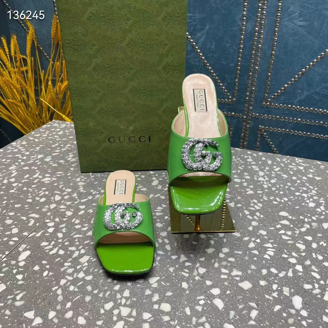 Gucci Women GG Double G Slide Sandal Green Patent Leather Crystals Leather Sole Flat Style ‎771586 BNC00 3727