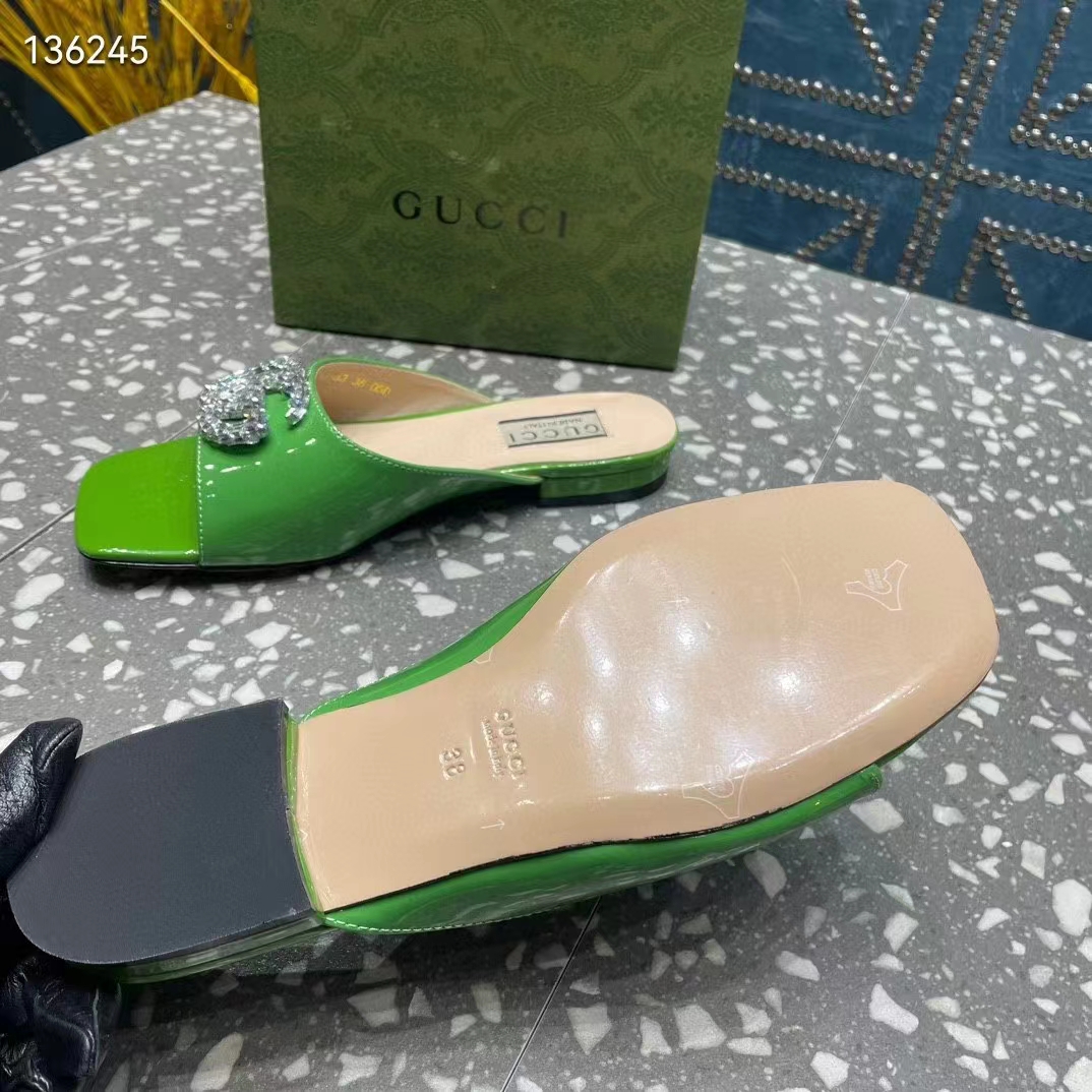 Gucci Women GG Double G Slide Sandal Green Patent Leather Crystals Leather Sole Flat Style ‎771586 BNC00 3727