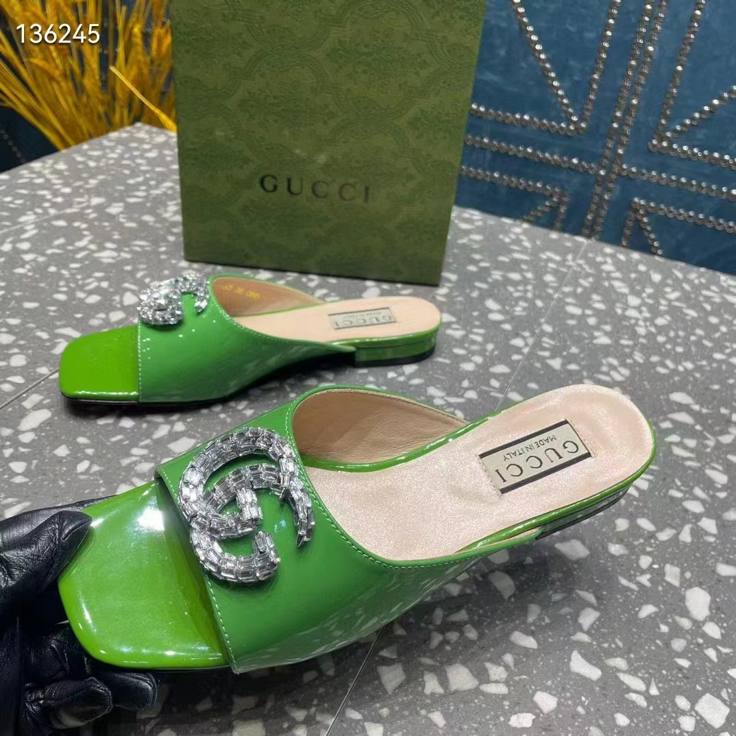Gucci Women GG Double G Slide Sandal Green Patent Leather Crystals Leather Sole Flat Style ‎771586 BNC00 3727