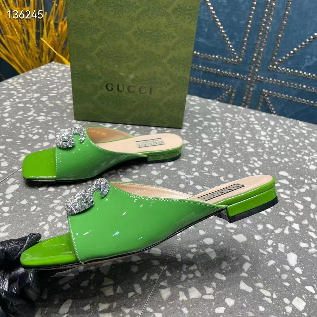 Gucci Women GG Double G Slide Sandal Green Patent Leather Crystals Leather Sole Flat Style ‎771586 BNC00 3727
