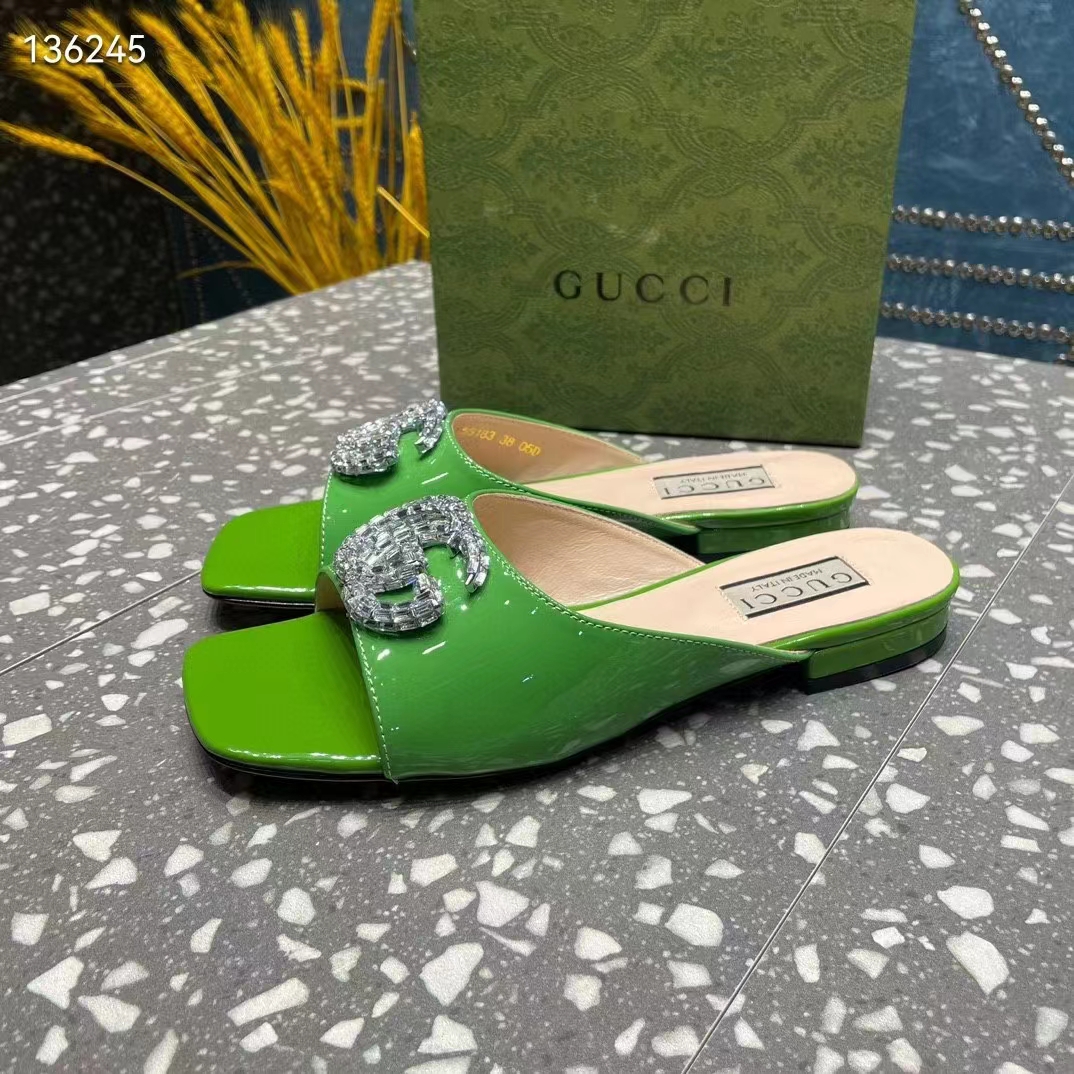 Gucci Women GG Double G Slide Sandal Green Patent Leather Crystals Leather Sole Flat Style ‎771586 BNC00 3727