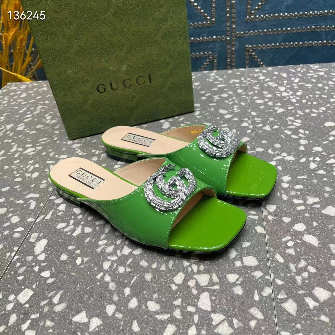 Gucci Women GG Double G Slide Sandal Green Patent Leather Crystals Leather Sole Flat Style ‎771586 BNC00 3727