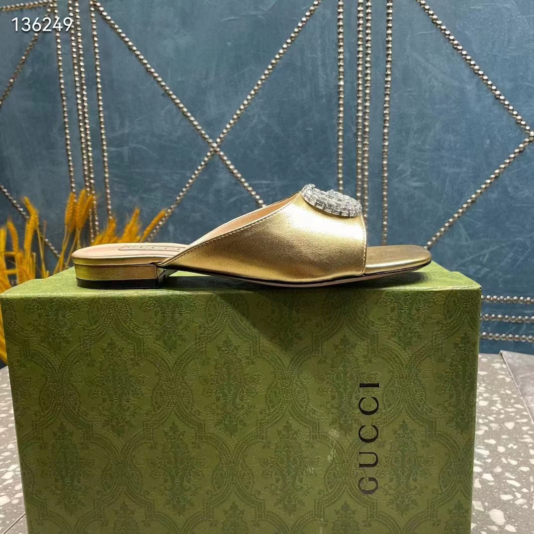 Gucci Women GG Double G Slide Sandal Metallic Gold Leather Crystals Leather Sole Flat Style ‎771586 B8B00 8053