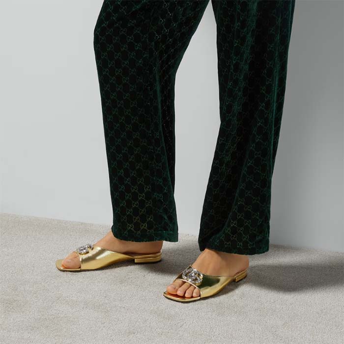 Gucci Women GG Double G Slide Sandal Metallic Gold Leather Crystals Leather Sole Flat Style ‎771586 B8B00 8053