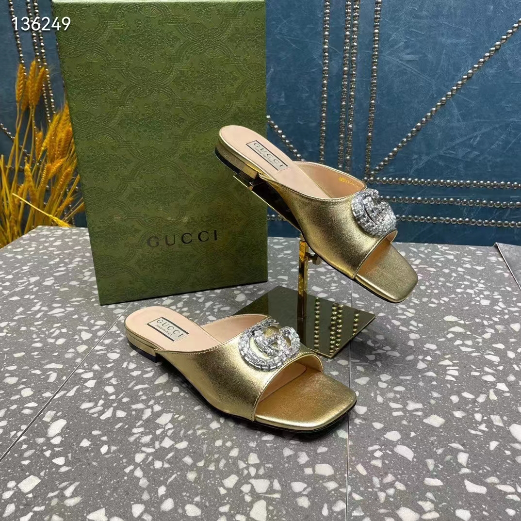 Gucci Women GG Double G Slide Sandal Metallic Gold Leather Crystals Leather Sole Flat Style ‎771586 B8B00 8053