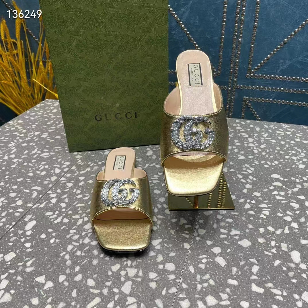Gucci Women GG Double G Slide Sandal Metallic Gold Leather Crystals Leather Sole Flat Style ‎771586 B8B00 8053